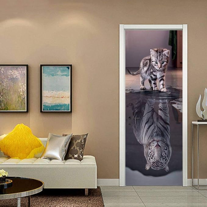 3D Door Stickers Murals Peel and Stick - Cat Becomes Tiger - Door Wallpaper Self-Adhesive Door Decals Removable PVC Waterproof Door Poster for Bedroom Living Room Door 37.4" x 78.7"