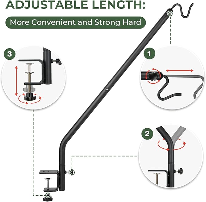 Kingsyard 2 Pack Heavy Duty Deck Hook, 27"-39" Adjustable Metal Deck Railing Hooks for Hanging Bird Feeders, Planters, Suet Baskets, Lanterns, Wind Chimes, Clamp Mounted