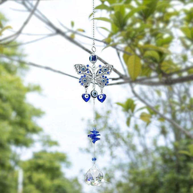 Turkish Blue Evil Eye Butterfly Wall Hanging with Crystal Suncatcher Ornament for Home Decor Protection Good Luck Blessing Housewarming Birthday Gift