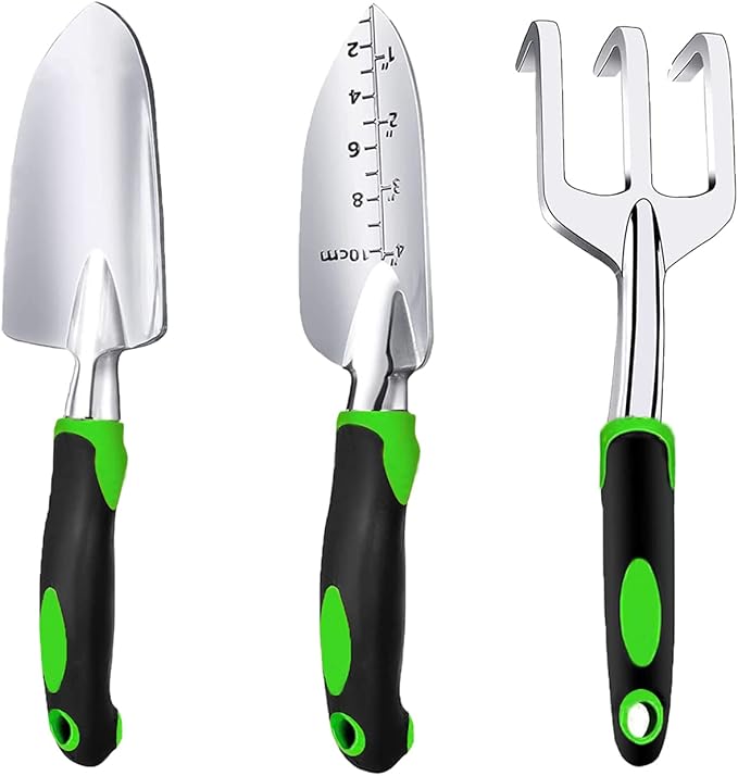 Garden Tool Set, 3 Piece Gardening Tools Includes Garden Trowel, Transplant Trowel and Hand Rake with Non-Slip Ergonomic Handle, Heavy Duty Gardening Kit for Gardening Planting, Gardening Gifts