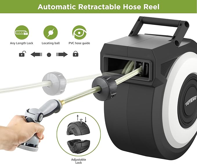 Tuyeho Retractable Garden Hose Reel 5/8" x 90 ft, Wall Mount Water Hose Reels with Automatic Slow Rewind System, Outdoor Hoses Reel with 2 Hose Nozzles for Garden Watering, Car Wash, Pet Shower