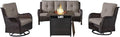 Outdoor Patio Furniture Set with 50000BTU Propane Fire Pit Table, 4 Pieces Wicker Patio Conversation Set with 2 Swivel Rocker Glider Chairs Rattan Sofa Grey Cushion Perfect for Gathering