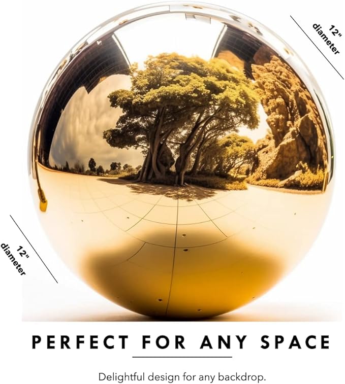 12 Inch Stainless Steel Gazing Globe,v2croft Hollow Ball Mirrored Surface Polished Shiny Sphere,Garden Stainless Steel Gazing Ball for Outdoor Lawn Pond Yard Ornament(Gold)
