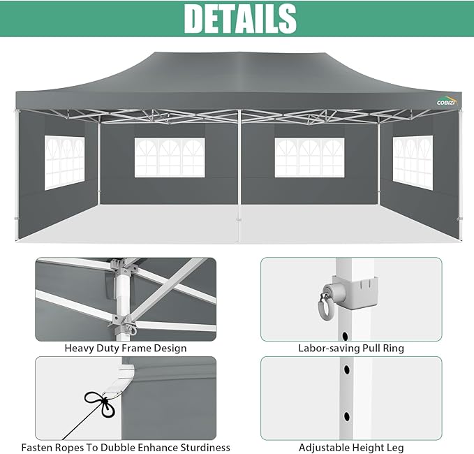 COBIZI 13x26 Pop Up Tent 13x26 Canopy with Sidewalls Heavy Duty Canopy Party Tent for Parties, Outdoor Wedding Large Event Tent Wind Waterproof UPF 50+ Ez Up in Garden Lawn with Roller Bag, Gray