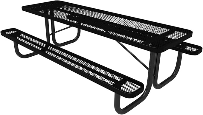 Coated Outdoor Furniture Heavy-Duty Portable Outdoor Picnic Table, Thermoplastic Coated Expanded Metal Commercial-Grade Patio Dining Furniture Made in America (8ft Rectangular, Textured Black)