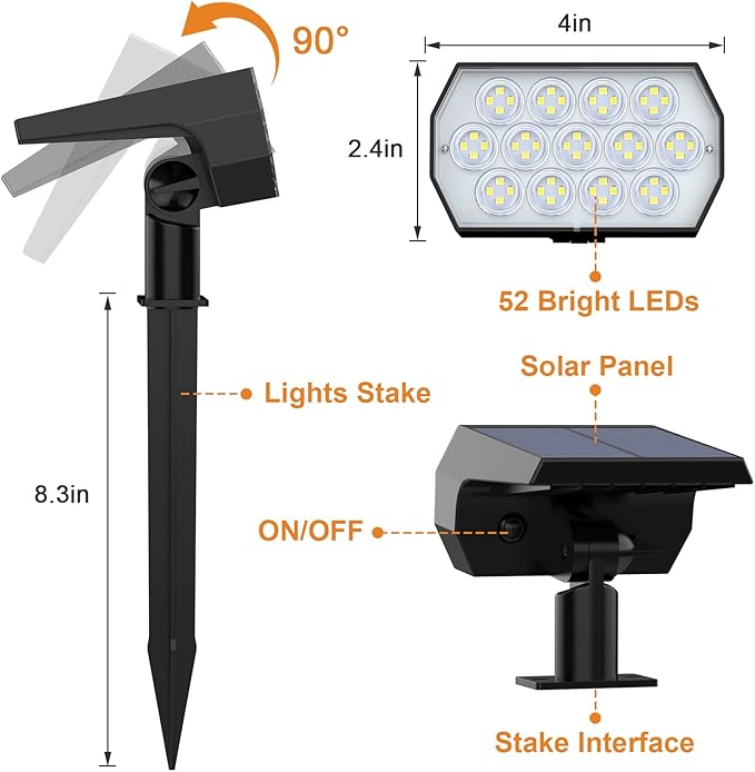 WELALO Solar Spot Lights Outdoor, [2 Pack/52 LED/3 Modes] 2-in-1 Solar Landscape Spotlights, Solar Powered Security Lights, IP65 Waterproof Wall Lights for Walkway Yard Garden Driveway(Cool White)