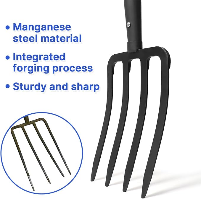 WIKER Pitchfork,Pitchforks for Gardening Digging Composting Spading,4Tines Garden Fork witn Fiberglass Handle,43 Inches