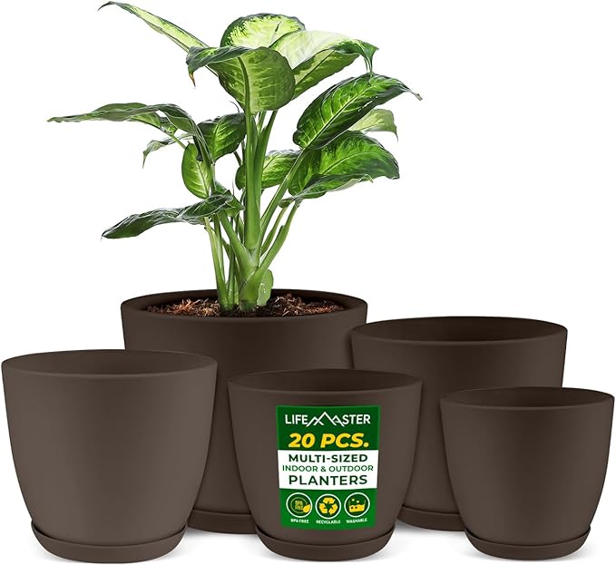 Planter Pots with Drainage Holes - Lightweight, Durable & Space-Saving Pots for Indoor and Outdoor - Versatile Functionality, Simple Modern Design, Set of 20 Plastic Planter Pots - Brown