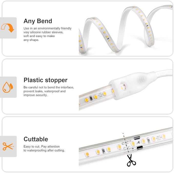 AIMENGTE Outdoor LED Strip Lights Waterproof, AC 110V, 1200LEDs, 4000k Plug in LED Rope Lights for Garden, Patio, Indoor Outdoor Decoration(32.8ft, Daylight)