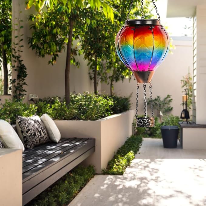 Starsoul 2 PC Rainbow Hot Air Balloon Solar Lantern with Flame Glass Outdoor Hanging Hot Air Balloon Solar Light Waterproof Garden Patio Yard Party Decorations