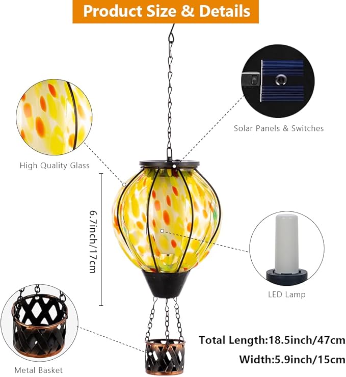 2PCS Hot Air Balloon Solar Lanterns with Flickering Flame,Yellow Glass Hanging Solar Lanterns Outdoor Waterproof Hot Air Balloon Light for Patio Tree Yard Garden Decor,Garden Gift for Women