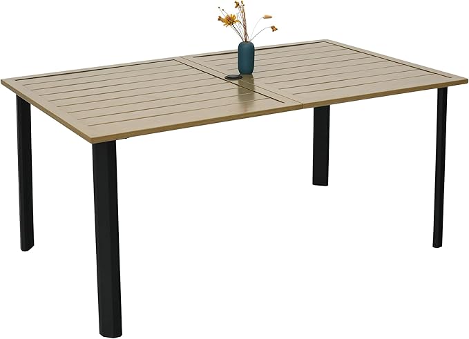 Outdoor Patio Table for 6 Person, Patio Dining Rectangle Table with 1.57" Umbrella Hole for Garden Lawn Backyard Parties, Black Metal Frame 63" L x 38" W x 29" H Brown