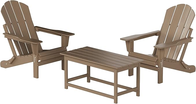 WO Home Furniture Adirondack Chairs Table Set of 3 PCS Outdoor Folding Chairs Coffee Table Weather/UV Resistant for Lawn, Garden, Bon Fire, Balcony (Weathered Wood)