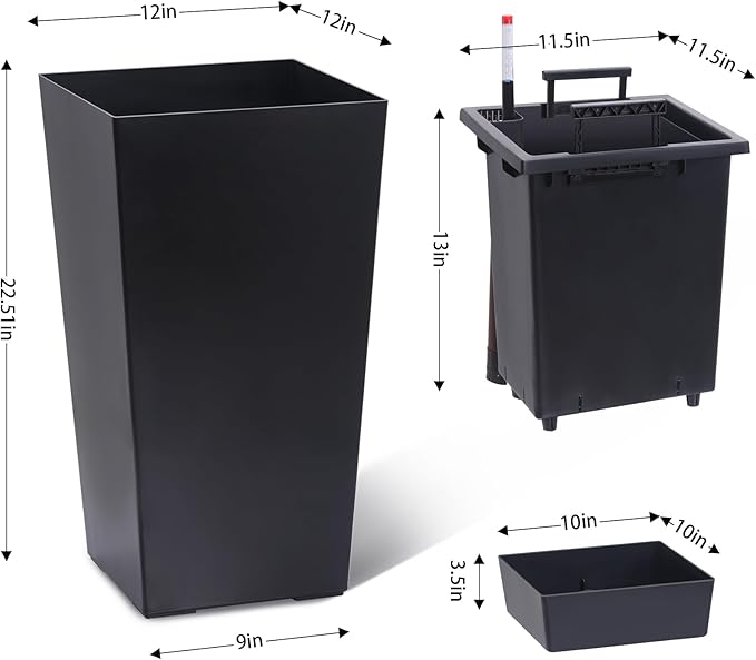 22.5" Tall Planters Set of 2, Outdoor＆Indoor Black Planter Pots, High Front Porch Planter Pots with Drainage Holes＆Water Level Monitor＆Inner Bucket, Automatic Watering, Black