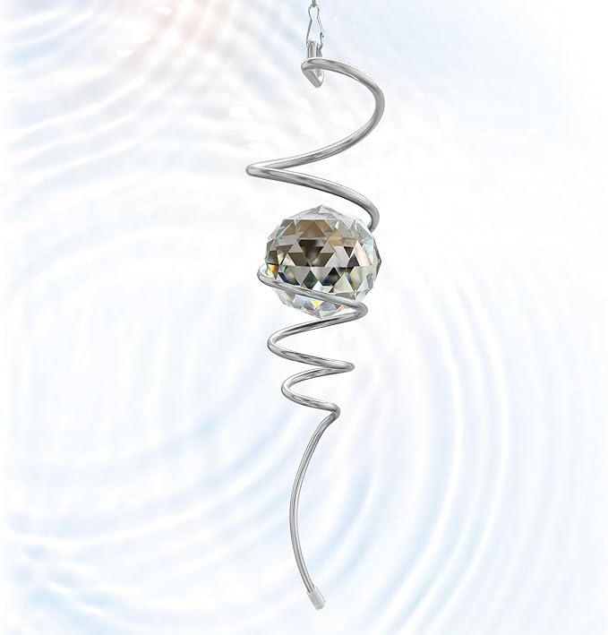 Gazing Ball Spiral Tail, Wind Spinners Stabilizer with Swivel Hook & Clear Crystal Ball, Hanging Suncatcher Decoration, Rainbow Maker Indoor Outdoor Ornaments Creative Decorative Gifts 13"