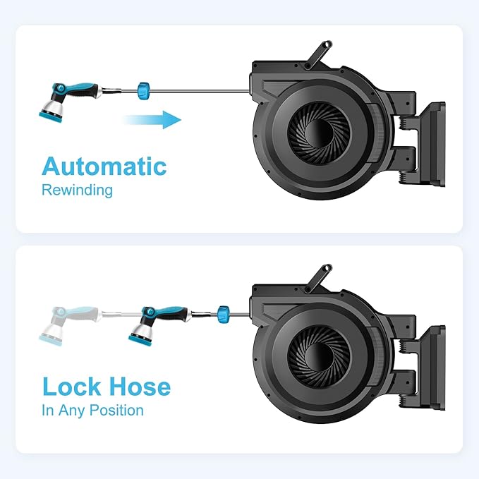 Retractable Garden Hose Reel - 5/8 inch x 70 ft Wall Mounted Hose Reel with 10 Pattern Nozzle & Any Length Lock, Heavy Duty Water Hose Supports Automatic Rewind & 180° Swivel, Black