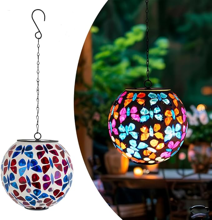 Hanging Solar Lanterns Outdoor Waterproof, Decorative Mosaic Butterfly Solar Lantern, Gazing Ball Globe Hanging Lantern for Patio Garden Yard Home Decor