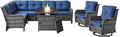 Outdoor Sectional Sofa Furniture Set with Propane Fire Pit Table, Wicker Patio Conversation Set with 2 Swivel Glider Rocker Chairs Blue Cushion Perfect for Backyard Casual Gathering