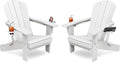 KINGYES Folding Adirondack Chair Set of 2, Dual Cup Holders & All-Weather HDPE, Wood-Like Patio Chair for Backyard, Camping, Pool & Fire Pit, White