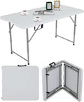 4FT Folding Table, Height Adjustable Table, Heavy Duty Plastic Tables Portable Fold-in-Half Utility Table w/Handle & Lock for Camping BBQ Party Banquet Wedding Market Events, 330LBS