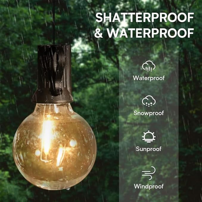 50FT LED Globe String Lights,Waterproof Hanging String Light with 25 Warm White Shatterproof G40 Bulbs(2 Spare), for Indoor/Outdoor Commercial Decor (50FT)