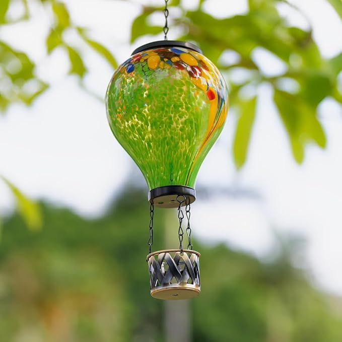 Starsoul Hot Air Balloon Solar Lantern Tie-Dye Style Glass Outdoor Solar Hot Air Balloon Lantern with Flame Light Waterproof Hanging Solar Lantern for Garden Yard Patio Decor