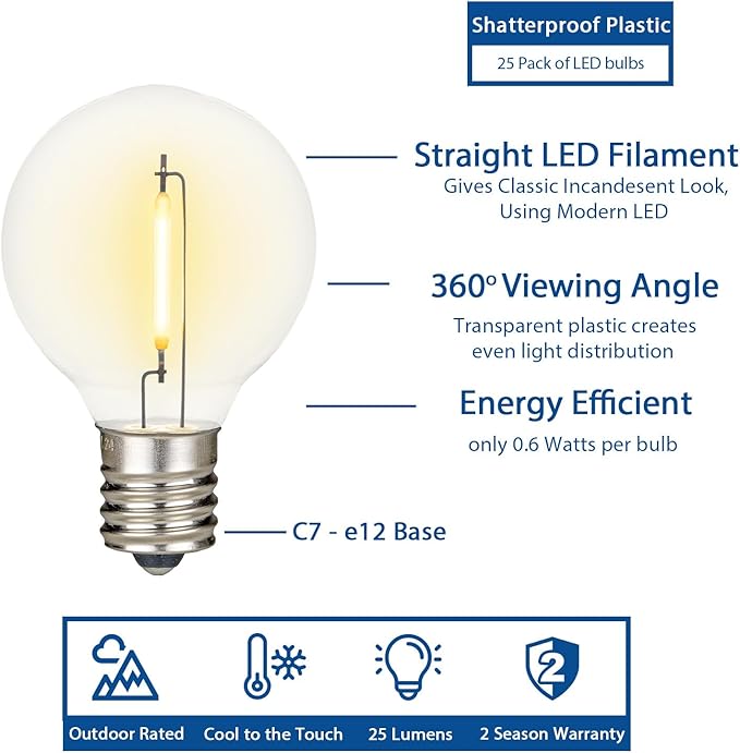 Novelty Lights 50 Feet G40 LED Patio String Lights with 50 Bulbs, Warm White, Weather Resistant and Shatterproof Replaceable Plastic Globe Bulbs, Black Wire