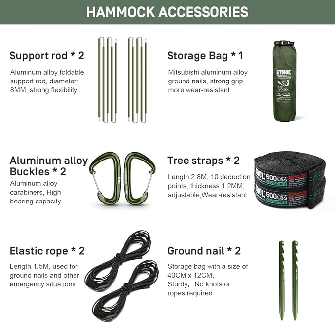 ETROL Camping Hammock with Mosquito Net,3 in 1 Function Parachute Portable Hammock,Double & Single Hammocks Tent for Travel Outdoor Indoor Hiking Patio - with Tree Straps,Carabiners,Aluminium Poles