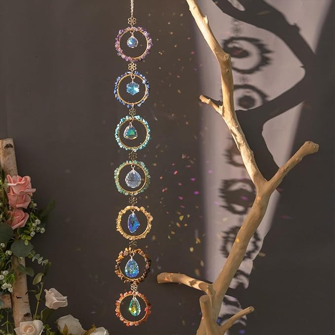 Crystal Sun Catcher Window Hanging 7 Chakra Spheres Gemstone Decor Hanging Ornament Natural Gem Wall Hangings Healing Crystal Decor Handmade Home Window Car Decoration Gift for Mom