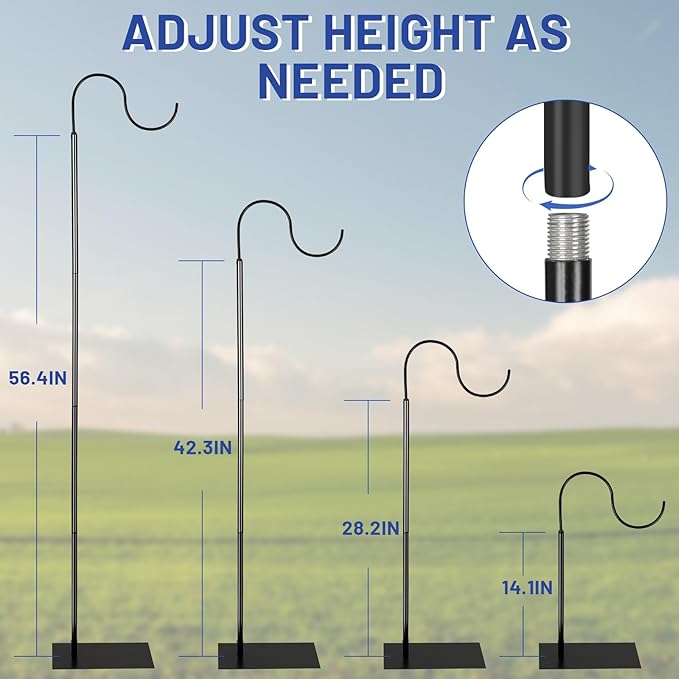 Liitrton 62.6 Inch Shepherds Hooks for Outdoor, Adjustbale Hummingbird Feeder Stand Bird Feeder Pole Wind Chime Stand with Flat Base, 4 Prongs Base and Water Weight Bag (2 Pack)