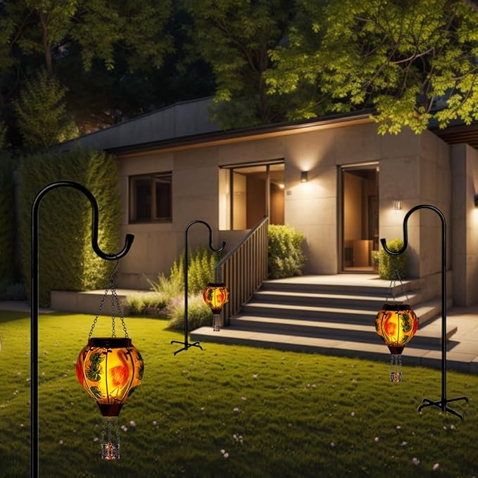 Starsoul Flamingo + Hummingbird Solar Lantern Solar Hot Air Balloon Flickering Flame Hanging Garden Light Stained Glass & Metal Outdoor Lantern Waterproof Hummingbird Hanging Lantern