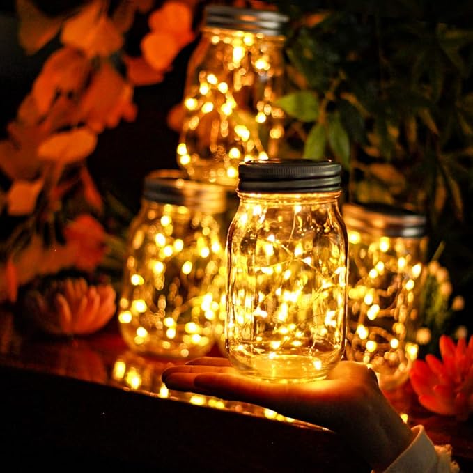 Solar Mason Jar Lid Lights 12 Pack 30 LED Firefly Fairy String Lights, Waterproof Outdoor Solar Lights with Hangers for Regular Mouth Jars (No Jars Included)