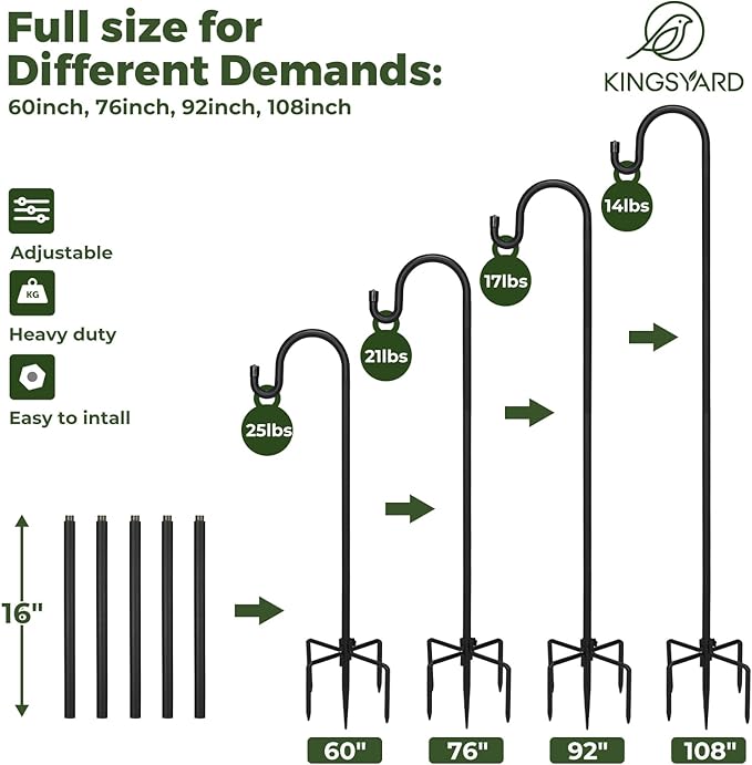 Kingsyard 2 Pack Adjustable Shepherd Hooks for Outdoor - 44 INCH Heavy Duty Bird Feeder Pole with 5 Prong Base, Hummingbird Feeder Stand, Garden Plant Baskets, Weddings Decor, Solar Light Lanterns