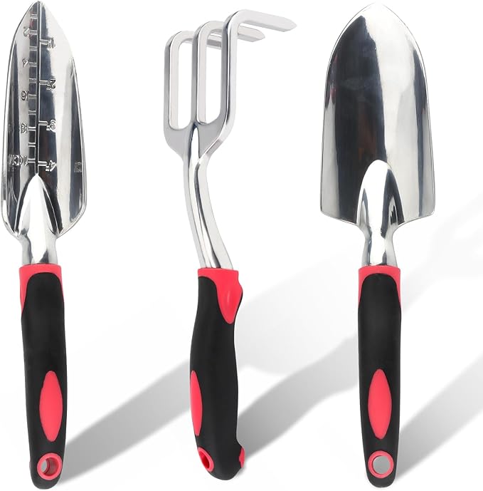 Garden Tool Set, 3PCS Heavy Duty Aluminum Gardening Tools with Soft Non-Slip Ergonomic Handle, Including Hand Trowel, Transplant Trowel and Cultivator Hand Rake for Planting, Digging, Weeding