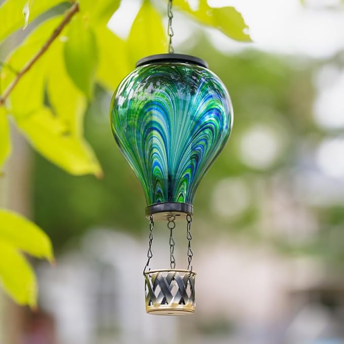 Starsoul Hot Air Balloon Solar Lantern Flickering Flame Light Tie-Dye Style Glass Solar Powered Hot Air Balloon Lamp Hanging Outdoor Lantern Waterproof Decor for Patio, Garden, Porch