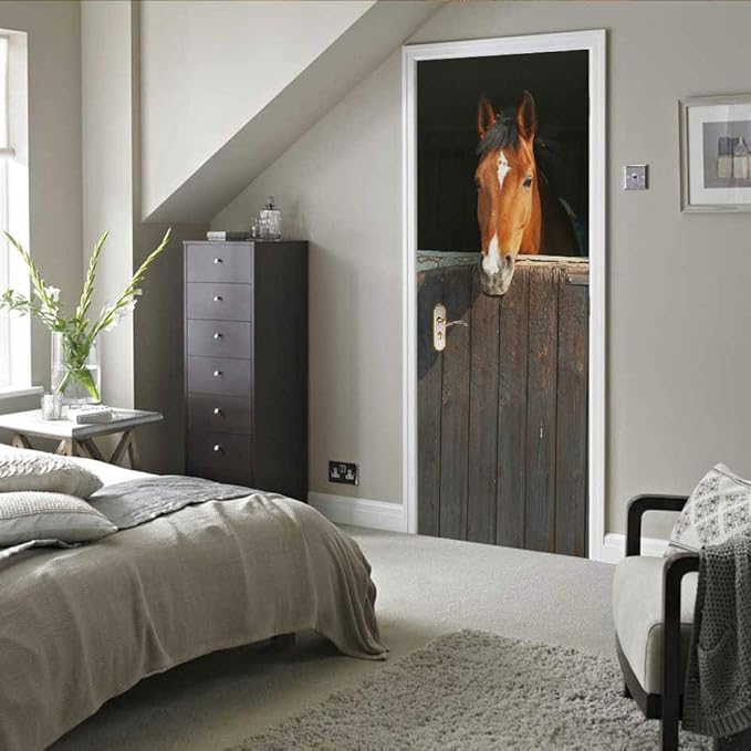 Horse 3D Door Stickers Murals - Peel & Stick - Waterproof & Washable - Rustic Brown Animal Print - Matte Finish - Door & Wall Decals - 31.5" x 78.7" (2 Parts)