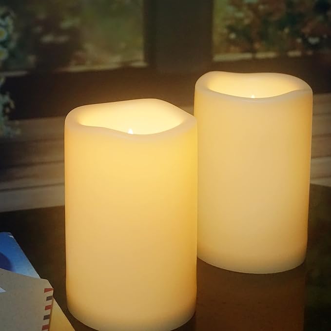 CANDLE CHOICE Waterproof Outdoor Battery Operated Flameless Candles with Timer Large Plastic Resin Bright Flickering Electric LED Pillars Lantern Garden Wedding Christmas Decorations 4”(D)x6”(H) 2 PCS