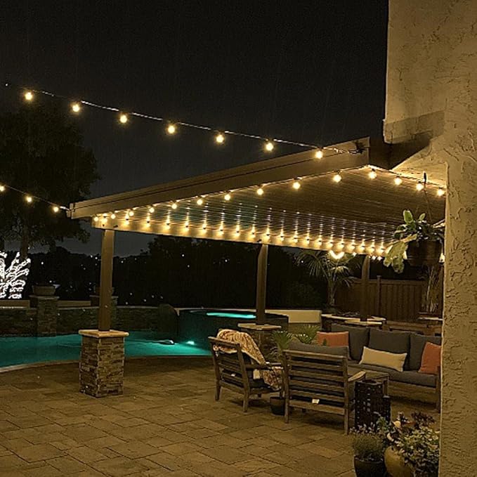 Novelty Lights 50 Feet G40 LED Patio String Lights with 50 Bulbs, Warm White, Weather Resistant and Shatterproof Replaceable Plastic Globe Bulbs, Green Wire