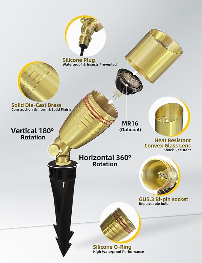 COLOER Die-cast Brass Landscape Spotlight 10-Pack with 5W Aluminum Housing LED MR16 Bulb,12V AC/DC Low Voltage Copper Outdoor Lighting, Directional Garden Patio Spot Up Light (102B Brass Finish)