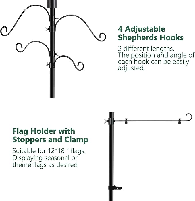 Solar Shepherds Hooks with Hand Blown Glass Lamp, Decorative RGB Lights, 4 Hooks & 1 Flag Holder, Heavy Duty Stand for Hanging Hummingbird Feeder, Bird Feeder, Plant, Landscape Light (Purple)