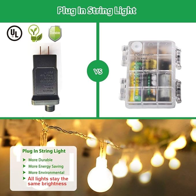 Globe String Lights 49 Feet 100 led,8 Modes Fairy Plug in Indoor String Lights for Bedroom,Classroom,Outdoor, Patio,Garden,Party,Wedding-Warm White
