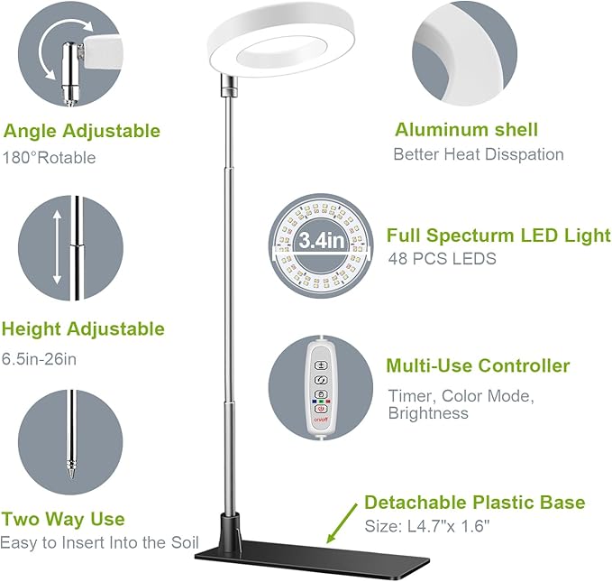 Grow Lights for Indoor Plants, 48 LEDs Full Spectrum Halo Plant Light for Indoor Plants, Height Adjustable Growing Lamp with Detachable Base, 3 9 12Hrs Timer, 10 Brightness, 3 Pack