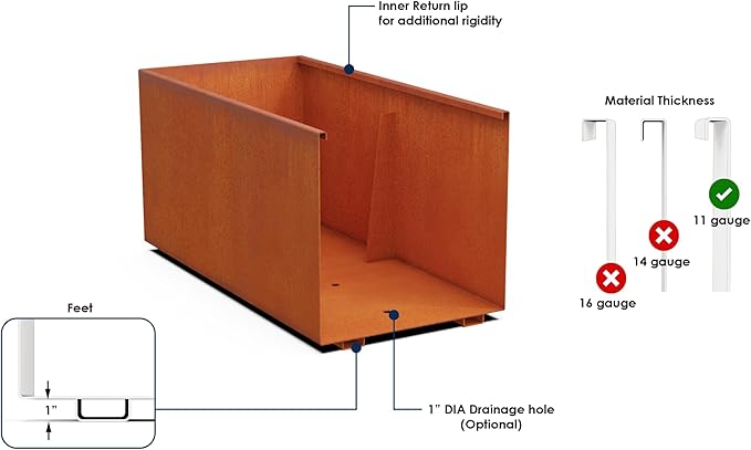 Large Rectangular Planter for Outdoor Plants – 36x12x24 Corten Steel Planter Box | Tall Metal Design for Privacy | Heavy Duty, Made in USA