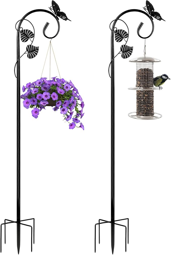 Shepherds Hooks for Outdoor Hummingbird Bird Feeder Pole Hanger 67 Inches with 5 Prongs Base Stainless Metal Adjustable Garden Hanging Holder Weddings Garden Decor Butterfly 2-Pack Black