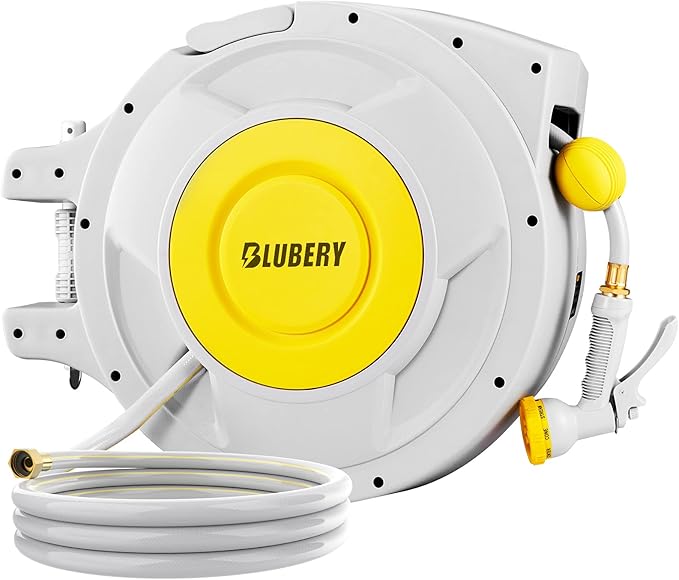 BLUBERY 5/8" x 100+6.7ft Retractable Garden Hose Reel with Slow Return System, Heavy-Duty Wall-Mounted 39.3LB, 10" Handle, 180° Swivel Bracket, Any Length Lock