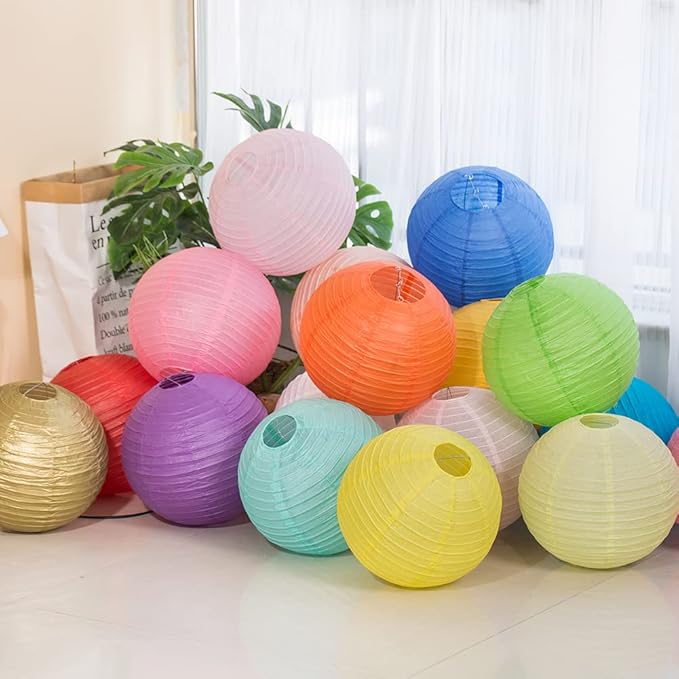 Foclover White Paper Lanterns 12 Pcs 14" Chinese Round Paper Hanging Decorations Ball Lanterns Lamps for Home Decorations, Parties, Birthdays and Weddings