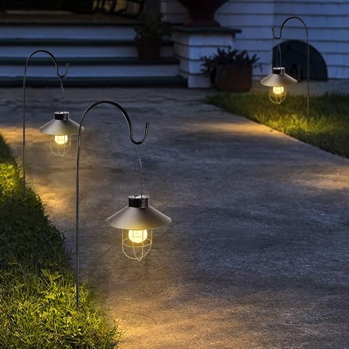 HUYIENO 2Pack Solar Metal Hanging Lantern with Shepherd Hook Outdoor Led Garden Lights Black