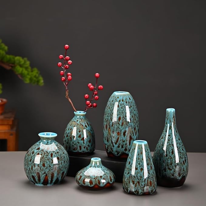 Ceramic Bud Vase Set, Fambe Blue Glazed Finish, Decorative Flower Vases (Blue-Set of 6)