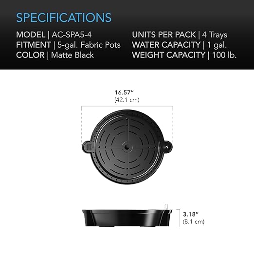 AC Infinity Self-Watering Fabric Pot Base, 4-Pack Auto-Irrigation Water Delivery System with Reservoir Meter, Elevated Plant Saucers for Use in Indoor Grow Tents, Greenhouses, and Outdoor Gardens