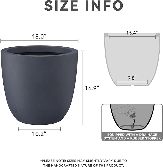 Kante 18 Inch Dia Round Concrete Planter, Indoor Outdoor Large Plant Pot with Drainage Hole and Rubber Plug for Home Patio Garden, Dark Gray